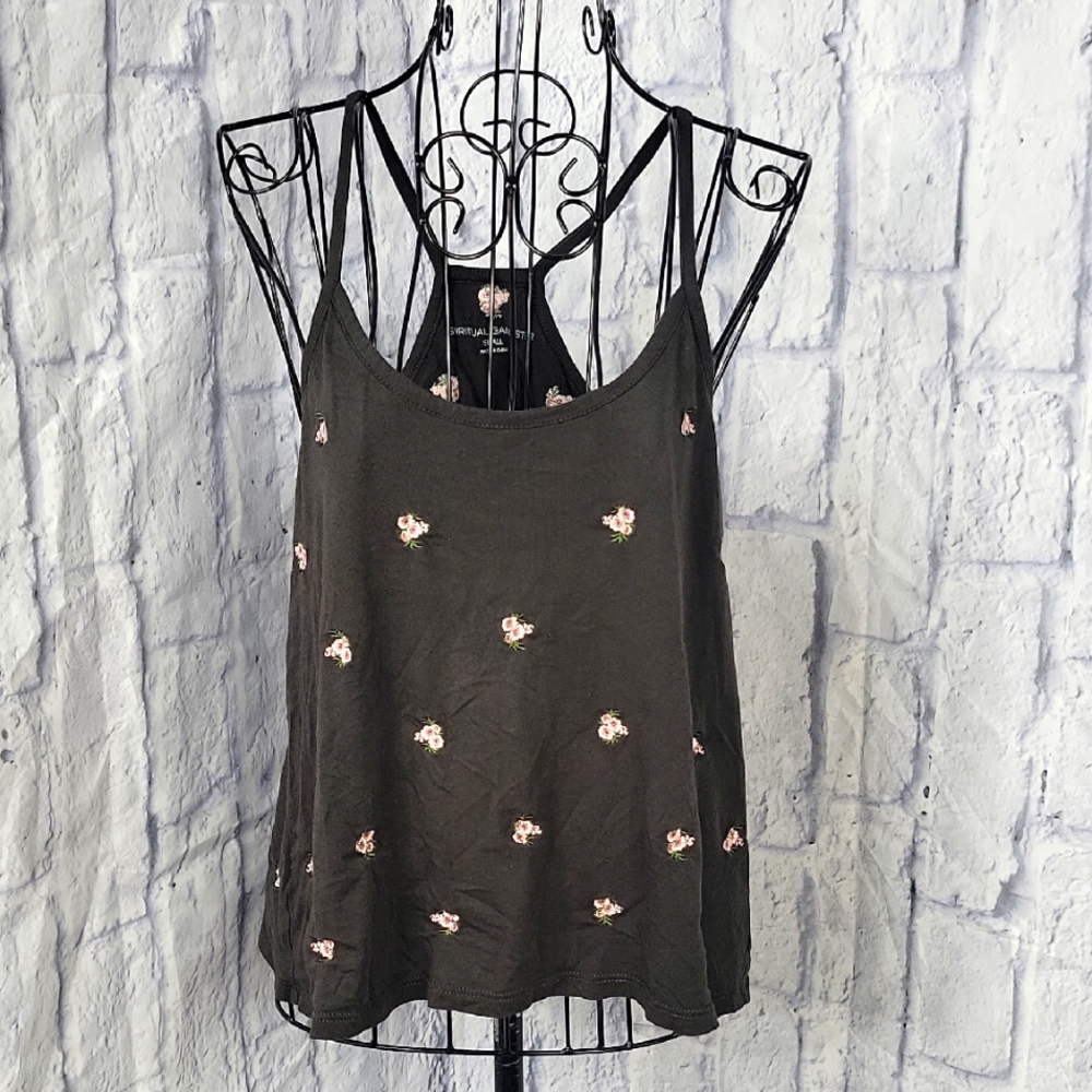 SPIRITUAL GANGSTER T-Back Open Flap Floral Women's Black and Pink Top Small